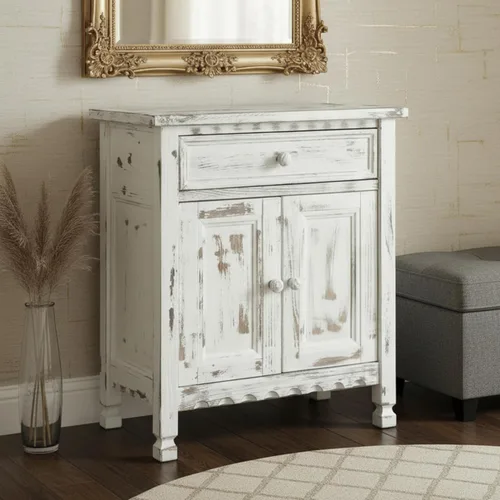 Vista 3 de Gabinete de acento de cabaña rústica con 1 cajón y 2 puertas en acabado azul antiguo para sala de estar - Requiere ensamblaje, madera desgastada