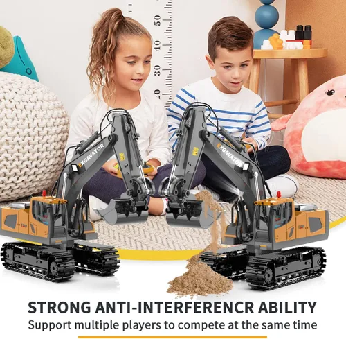 Vista 5 de ID Gerilla Excavadora a control remoto, camión de construcción RC de 11 canales, juguete con pala de metal, luces, sonidos y giros de 680 grados