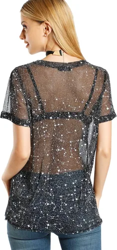 Vista 2 de WDIRARA Blusa de malla para mujer con purpurina transparente y de manga corta