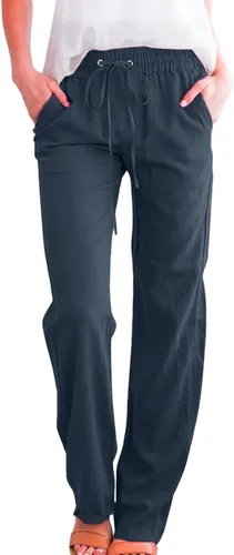 cooki Pantalones casuales de lino y algodón para mujer, con cordón elástico, cintura alta, holgados, cómodos, rectos, con bolsillos, pantalones de