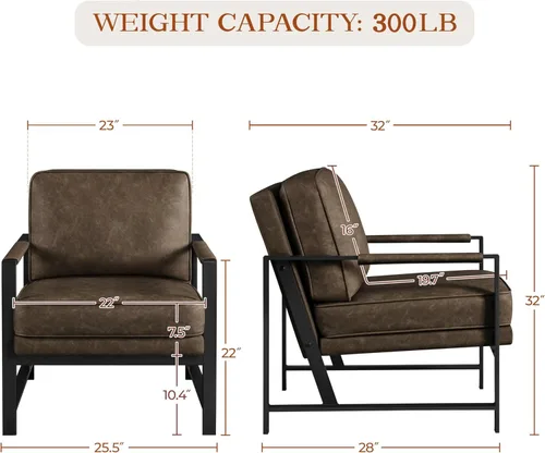Vista 3 de Yaheetech Sillón de piel sintética, silla retro de ocio con acolchado y cojín extrasuave, moderna silla de lectura con marco de metal negro