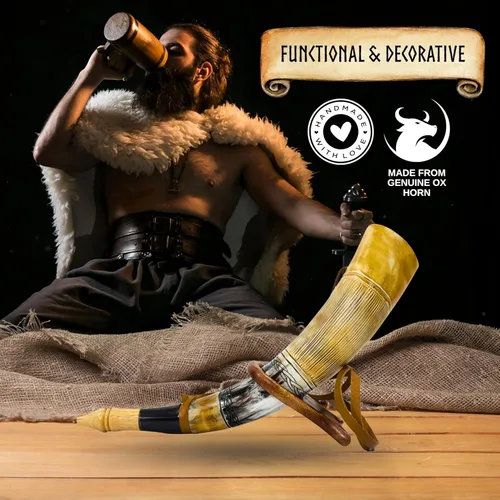 Vista 4 de Cuerno vikingo de soplado Trompeta de cuerno de buey genuina Herramienta de caza de cornetas vikingas con soporte de madera Ideal