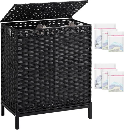 SETVSON Cesta de lavandería con tapa, cesta de mimbre de ratán tejida a mano de 112 L, 2 bolsas extraíbles con forro de metal, 6 bolsas de malla,