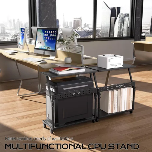 Vista 6 de Soporte Grande de PC de 24 Pulgadas, Soporte de Torre de Computadora Ajustable en Altura de 5 Niveles con Ruedas y Ganchos, Carrito Portador de CPU