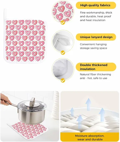 Vista 2 de 3 Packs Valentine's Day Pot Holders Sets for Kitchen,Oven Pan Plate Bowl Pads Heat Proof Mat with Hanging Loop,Thick Terry Cloth Potholders Soft