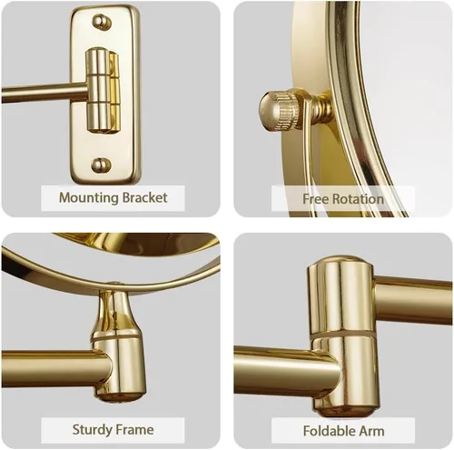 Vista 2 de Cerdeco Espejo de pared de maquillaje de doble cara de 8 pulgadas 1X/5X con acabado chapado en oro, espejo de afeitar cosmético extensible giratorio
