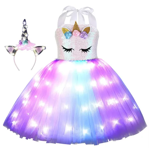 Disfraz de princesa de unicornio para niñas, disfraz de fiesta de cumpleaños con luz LED, vestido de tutú de Halloween con diadema