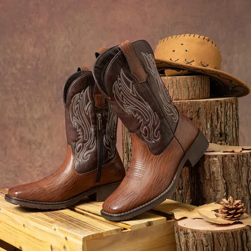 Vista 7 de Jousen Botas Vaqueras para Hombres con Bordado, Botas Occidentales Retro de Punta Cuadrada para Hombre, Botas Vaqueras Para Hombre