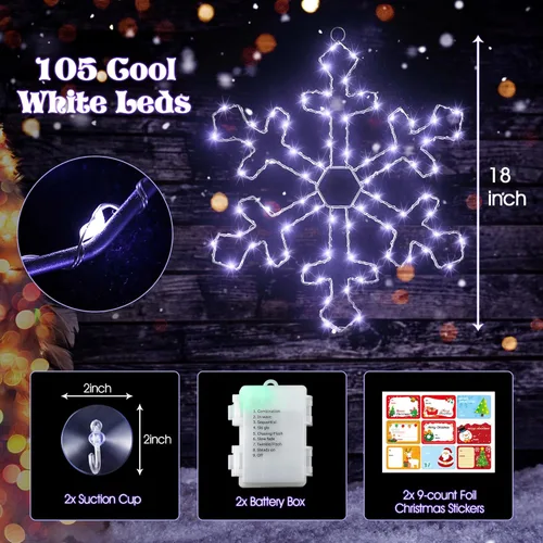 Vista 3 de Hiboom Luces de silueta de ventana de Navidad, luces LED blancas de copo de nieve, decoraciones iluminadas de copo de nieve gigante