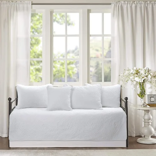Vista 22 de Cozy Line Home Fashions - Juego de edredón de cama de algodón 100% Victoriano con medallón sólido blanco, matelassé, grabado, reversible, ligero