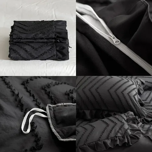 Vista 7 de Juego de funda de edredón copetuda, funda de edredón suave y transpirable con cierre de cremallera, ropa de cama bohemia bordada con volantes