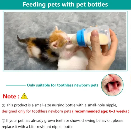 Vista 3 de Juego de biberón y jeringa para mascotas para cachorros y gatitos (1 botella, 2 jeringas, 6 pezones), azul