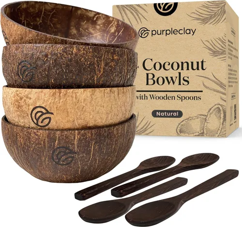 Vista 9 de purpleclay Juego de 2 cuencos de coco y cucharas de madera, naturales, hechos a mano, aptos para veganos, ensalada, batido o Buda y utensilios
