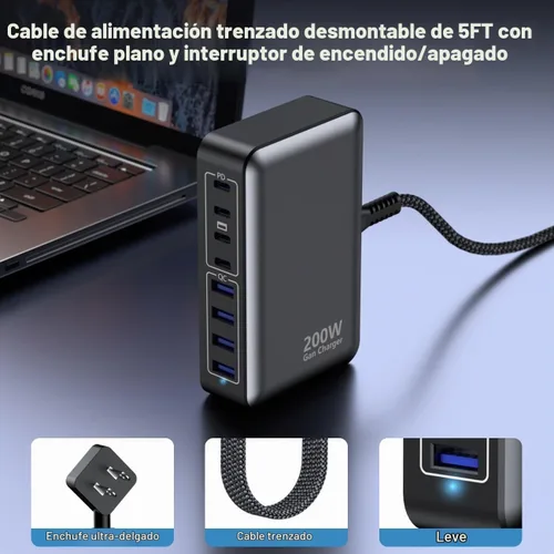 Vista 3 de Cargador USB C de 200 W, estación de carga rápida Gan de 8 puertos, adaptador de carga para laptop PD de 65 W compatible con MacBook Pro/Air, DELL