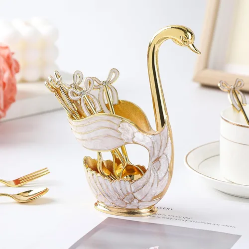 Vista 5 de Soporte de base de cisne dorado, organizador de cucharas de postre de cisne decorativo para mesa, con juego de 6 cucharas de café, elegantes