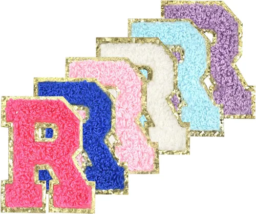 Vista 24 de 6 piezas de parches de letras de chenilla autoadhesivas con purpurina para planchar, parches de letras universitarias estilo preppy, letras difusas