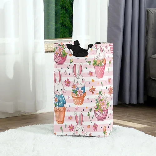 Vista 2 de Nander Cesta de lavandería de tela Oxford con diseño de conejo, con asas circulares de aluminio, interior impermeable