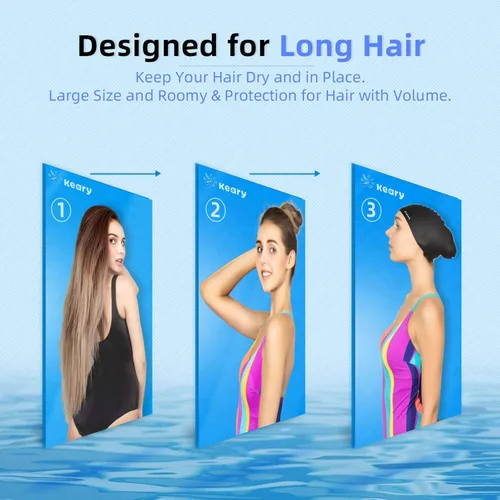 Vista 2 de Keary 2 Pack Gorro de natación actualizado de silicona para cabello largo para mujeres y niñas, impermeable, gorro de baño para piscina, gorro