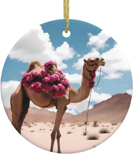 Beautiful Camel Round Ceramic Pendant with Hole and Gold Rope for Christmas and New Year Hanging Decoration at Home