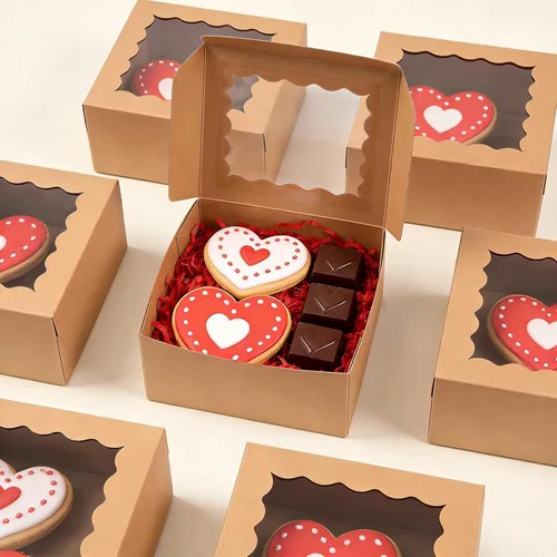 Vista 4 de XINHPKGG 20 cajas de galletas de 4 x 4 x 2.5 pulgadas, cajas de panadería con ventana, caja de postre para recuerdos de boda, fiesta, color marrón