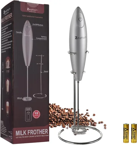 Batidora de mano con espumador de leche, batidor eléctrico con pilas para capuchino, café con leche, café, matcha y más, color plateado