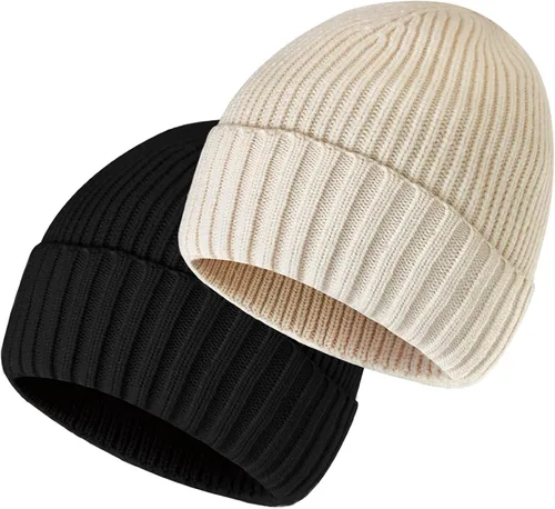 accsa 2 Pack Men Winter Knit Beanie Hats Soft Warm Stretchy Skull Cap Unisex Cuffed Plain Hat for Men