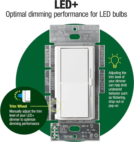 Vista 12 de Lutron Diva LED+ Interruptor Regulador de Luz para Bombillas LED Regulables, Halógenas e Incandescentes, 150 Vatios, Unipolar o 3 Vías, Almendra