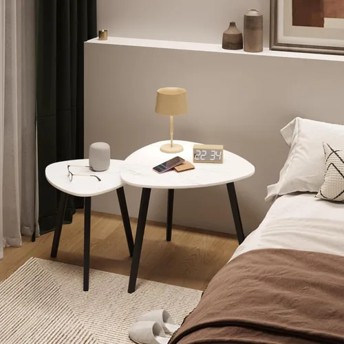 Vista 5 de BAMEOS Juego de 2 mesas auxiliares triangulares de bambú, mesa auxiliar moderna minimalista para sala de estar (blanco mármol)