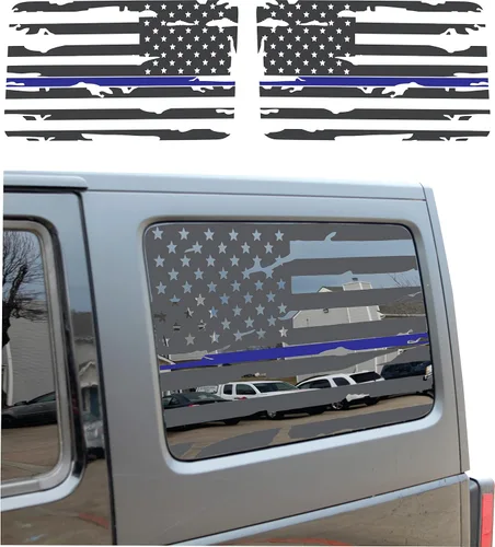 Compatible con Jeep Wrangler JK y JKU (4 puertas) 2011-2018 | Calcomanías precortadas de línea azul delgada para ventana de la bandera