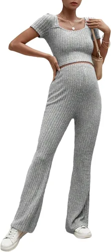 OYOANGLE Conjunto de 2 piezas de maternidad para mujer, camiseta de manga corta de punto acanalado y pantalones acampanados