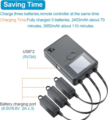 Vista 3 de Hanatora LCD Fast Battery Charger for DJI Mini 3,Mini 3 Pro,Parallel Display Quick Multi Charging Hub Drone Accessories