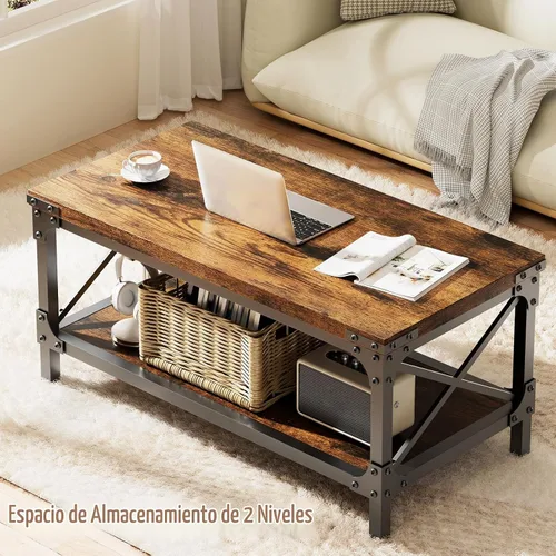 Vista 6 de Mesas de centro rectangulares para sala de estar, mesa de centro rectangular de madera, mesa de centro industrial moderna de 2 niveles con tablero