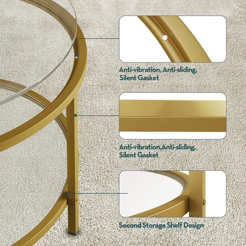 Vista 3 de SAYGOER Mesa de centro redonda de vidrio de 2 niveles con estante de almacenamiento para espacios grandes o pequeños, mesa central moderna y simple