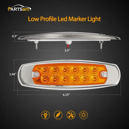 Vista 5 de Partsam 10 Uds. 6.2 "ámbar 12LED Laterales Luces de Liquidación con Bisel de Acero Inoxidable Reemplazo para Semi Camiones Peterbilt Kenworth