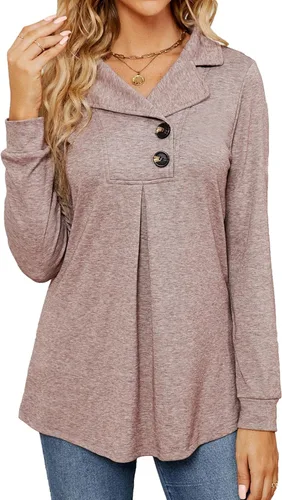 Vista 7 de Newchoice Blusa de manga larga para mujer, para leggings, casual, cuello de muesca, con botones, sudadera sin botones