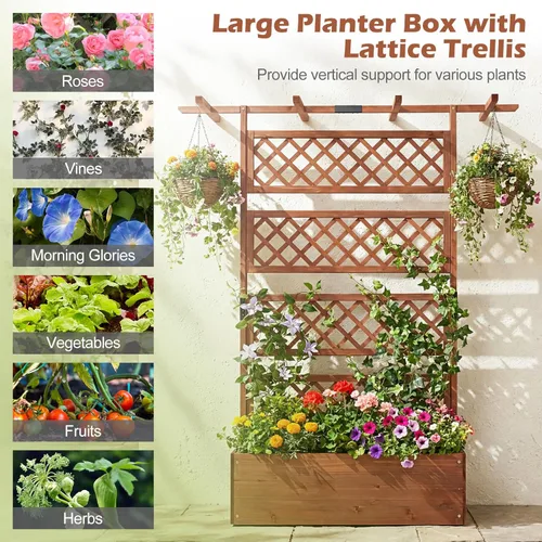Vista 6 de Giantex Cama de jardín elevada con enrejado, maceta de madera de 72 pulgadas para exteriores con techo de pantalla de privacidad, maceta de jardín