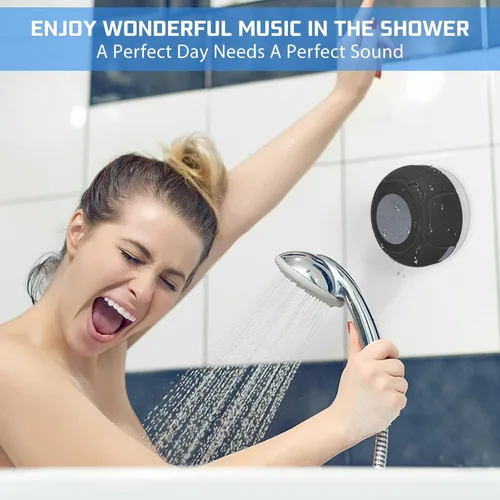 Vista 3 de Altavoz de ducha Bluetooth impermeable, portátil, inalámbrico, resistente al agua, ventosa, micrófono integrado para teléfono, tableta, baño