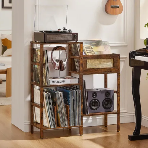 Vista 9 de LELELINKY Soporte para Tocadiscos, Soporte para Discos de Madera Marrón con Almacenamiento de Vinilo con Capacidad para hasta 300+ Álbumes, Mesa