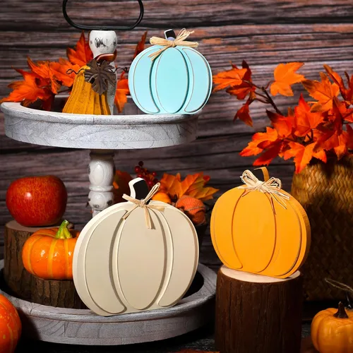Vista 6 de Soaoo 3 piezas de decoración de calabaza de madera de otoño, letreros de madera de otoño, decoración de centro de mesa, bandeja escalonada, letrero