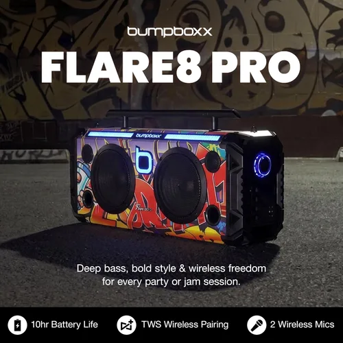 Vista 2 de Bumpboxx Flare8 Pro Bluetooth Boombox, NYC Graffiti, 2 micrófonos Graffiti de Nueva York