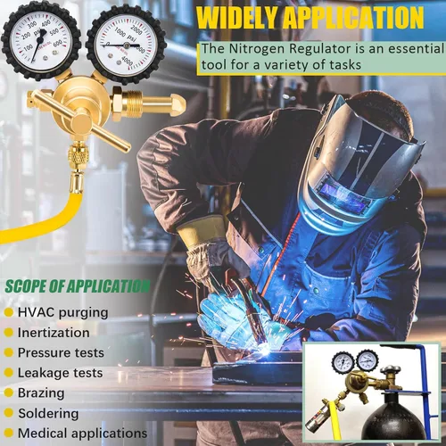 Vista 7 de KAKO Regulador de nitrógeno HVAC con manguera de 60", 0-600PSI, salida de 1/4", entrada CGA580, 0-4000PSI