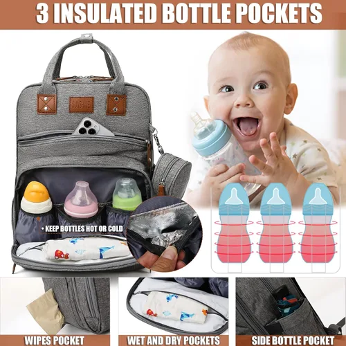 Vista 2 de Mochila multifuncional impermeable para pañales - Bolsa de pañales de gran capacidad con mochila para pañales para bebés, Gris, Ocio