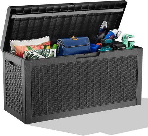 Vista 32 de Caja de cubierta de resina impermeable de 30 galones, resistente a los rayos UV, almacenamiento al aire libre para jardín, patio, porche, entrega