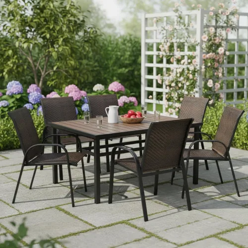 Vista 5 de Tangkula Juego de 6 sillas apilables de mimbre de polietileno para exteriores, sillas de comedor para patio con marco de acero resistente, sillas
