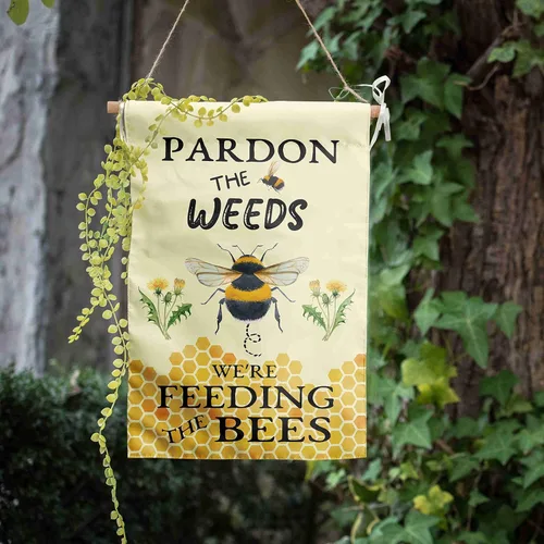 Vista 7 de Bandera de Jardín de Abeja de Verano Perdón las Malas Hierbas Estamos Alimentando a las Abejas Letrero de Patio Decoración al Aire Libre Sin Corte