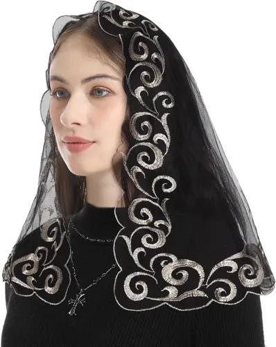 Vista 4 de Bozidol Cubierta triangular para la cabeza de la iglesia, velo de iglesia vintage bordado con cáliz cruzado para mujer