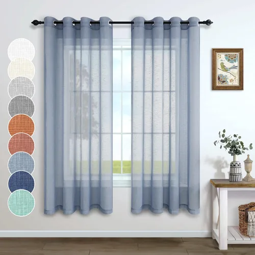 Vista 35 de Cortinas traslúcidas negras de 63 pulgadas de largo para decoración de dormitorio de niños, 2 paneles con ojales, cortinas de aspecto de lino