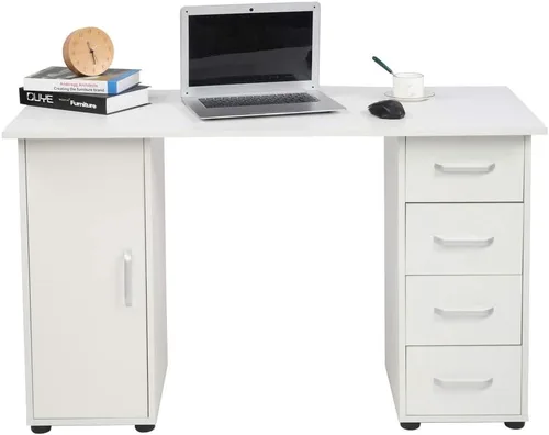 Vista 5 de Escritorio de madera para computadora de oficina en casa con 4 cajones, 1 puerta y 1 estante de almacenamiento, mucho espacio, color blanco