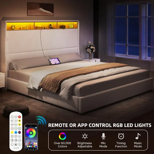 Vista 13 de DWVO Base de cama de plataforma tamaño Queen con cabecera y estribo de 60 pulgadas de alto, cama tapizada de terciopelo con luz LED, patas de madera