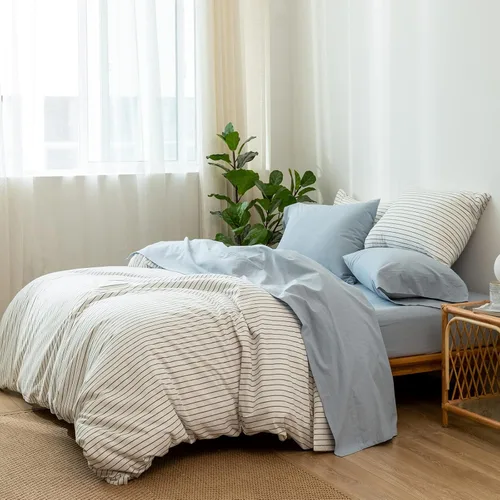 Vista 6 de MooMee Juego de sábanas 100% algodón lavado con textura parecida al lino transpirable duradero suave cómodo (azul aciano, Queen)